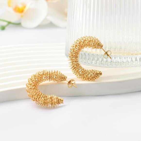 Gold Thick Twisted Stainless Steel Hoop Earrings for Women, 40mm Diameter, Light - Picture 3 of 5